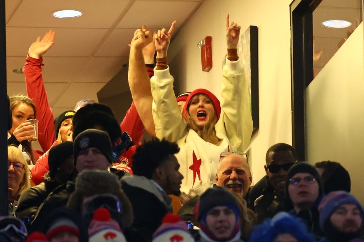Jan 21, 2024; Orchard Park, New York, USA; Taylor Swift reacts after Kansas City Chiefs tight end Travis Kelce (not pictured) scores a touchdown in the 2024 AFC divisional round game between against the Buffalo Bills at Highmark Stadium.