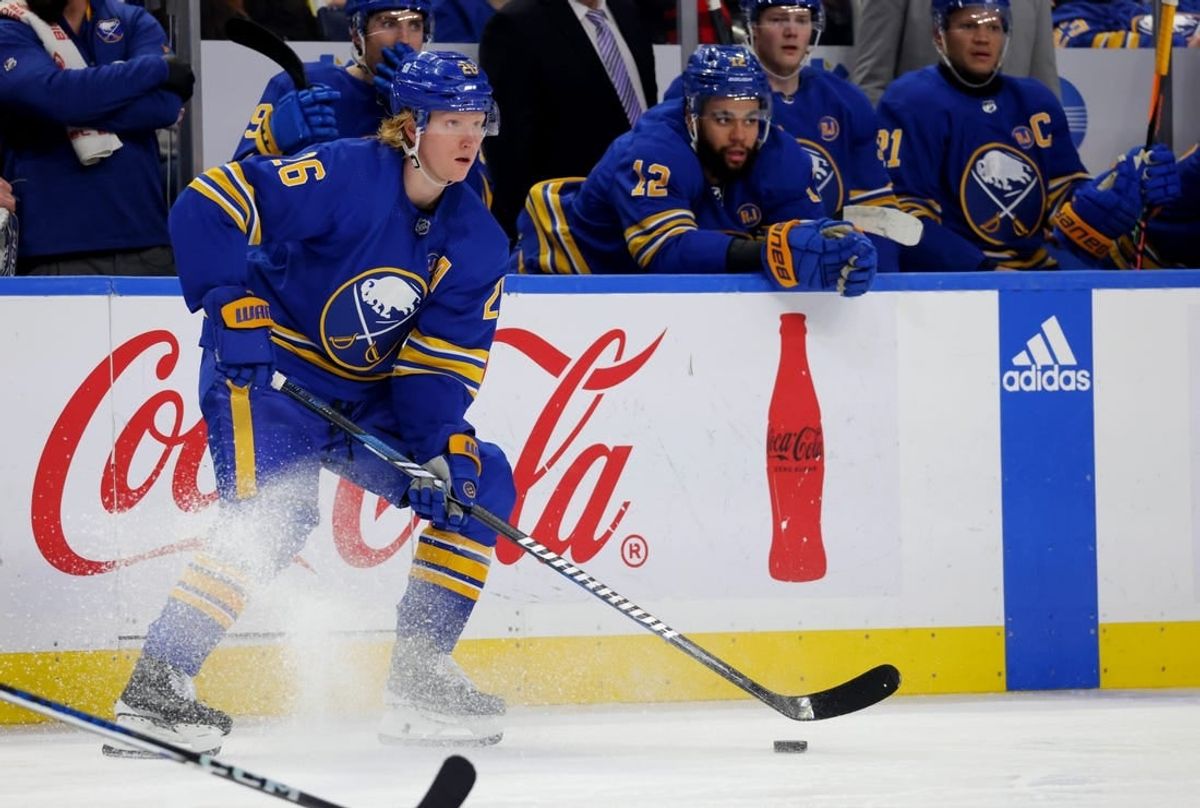 Dec 30, 2023; Buffalo, New York, USA;  Buffalo Sabres defenseman Rasmus Dahlin (26) looks to make a pass during the second period against the Columbus Blue Jackets at KeyBank Center.