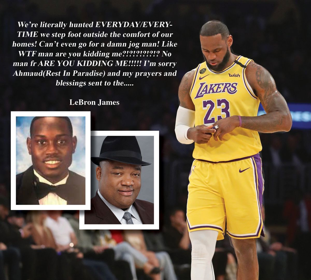 From left: Ahmaud Arbery, Jason Whitlock, and LeBron James.