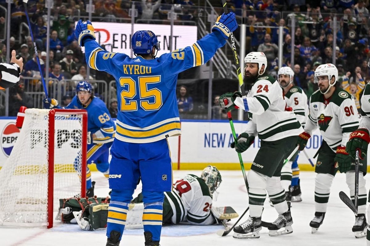 Mar 16, 2024; St. Louis, Missouri, USA;  St. Louis Blues center Jordan Kyrou (25) reacts after scoring against the Minnesota Wild during the second period at Enterprise Center.