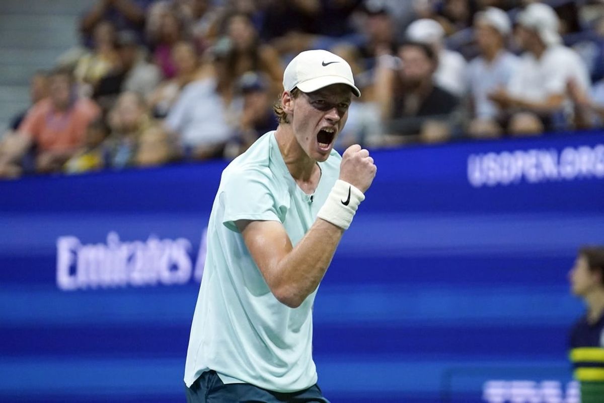 Sep 4, 2023; Flushing, NY, USA; Jannik Sinner of Italy wins a game against Alexander Zverev of Germany on day eight of the 2023 U.S. Open tennis tournament at USTA Billie Jean King National Tennis Center.