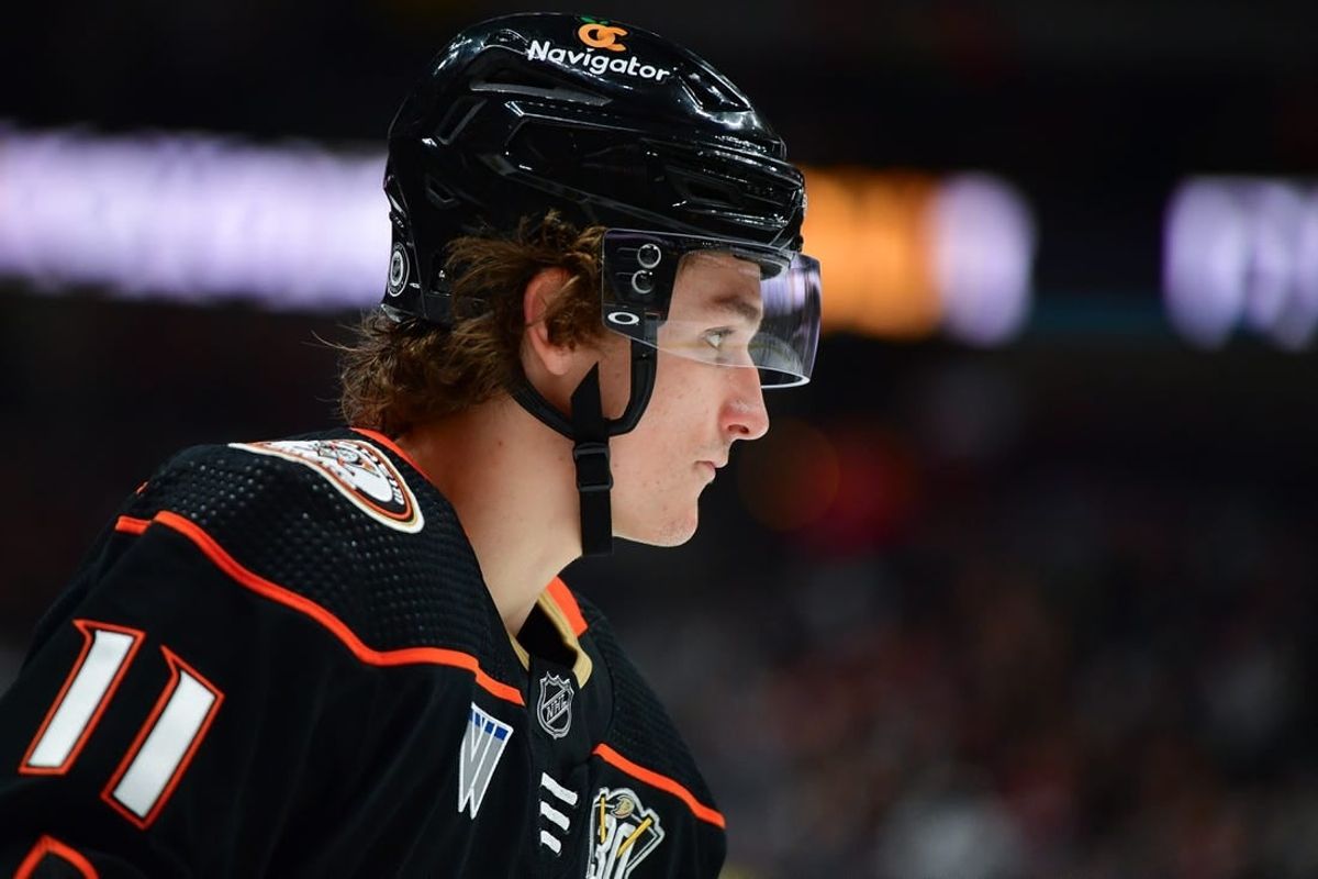 Dec 29, 2023; Anaheim, California, USA; Anaheim Ducks center Trevor Zegras (11) during a stoppage in play in the second period at Honda Center.