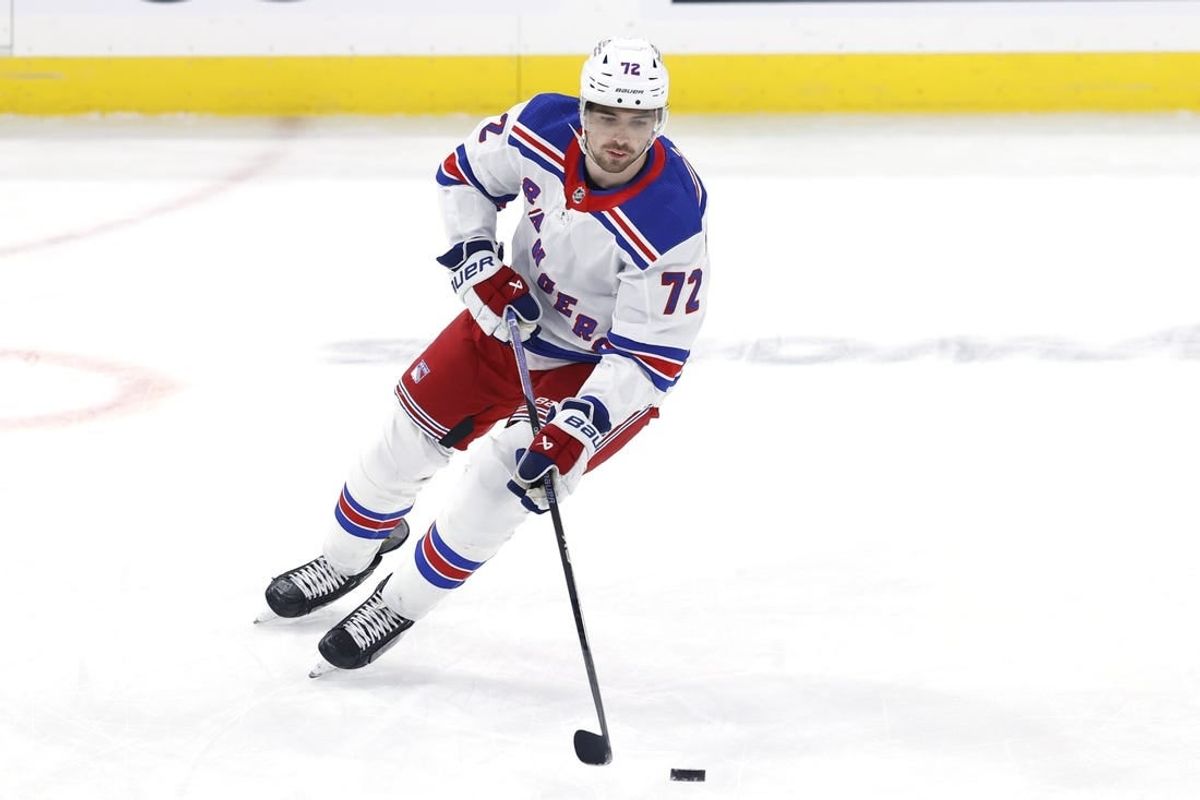 Oct 30, 2023; Winnipeg, Manitoba, CAN;New York Rangers center Filip Chytil (72) warms up before a game against the Winnipeg Jets  at Canada Life Centre.