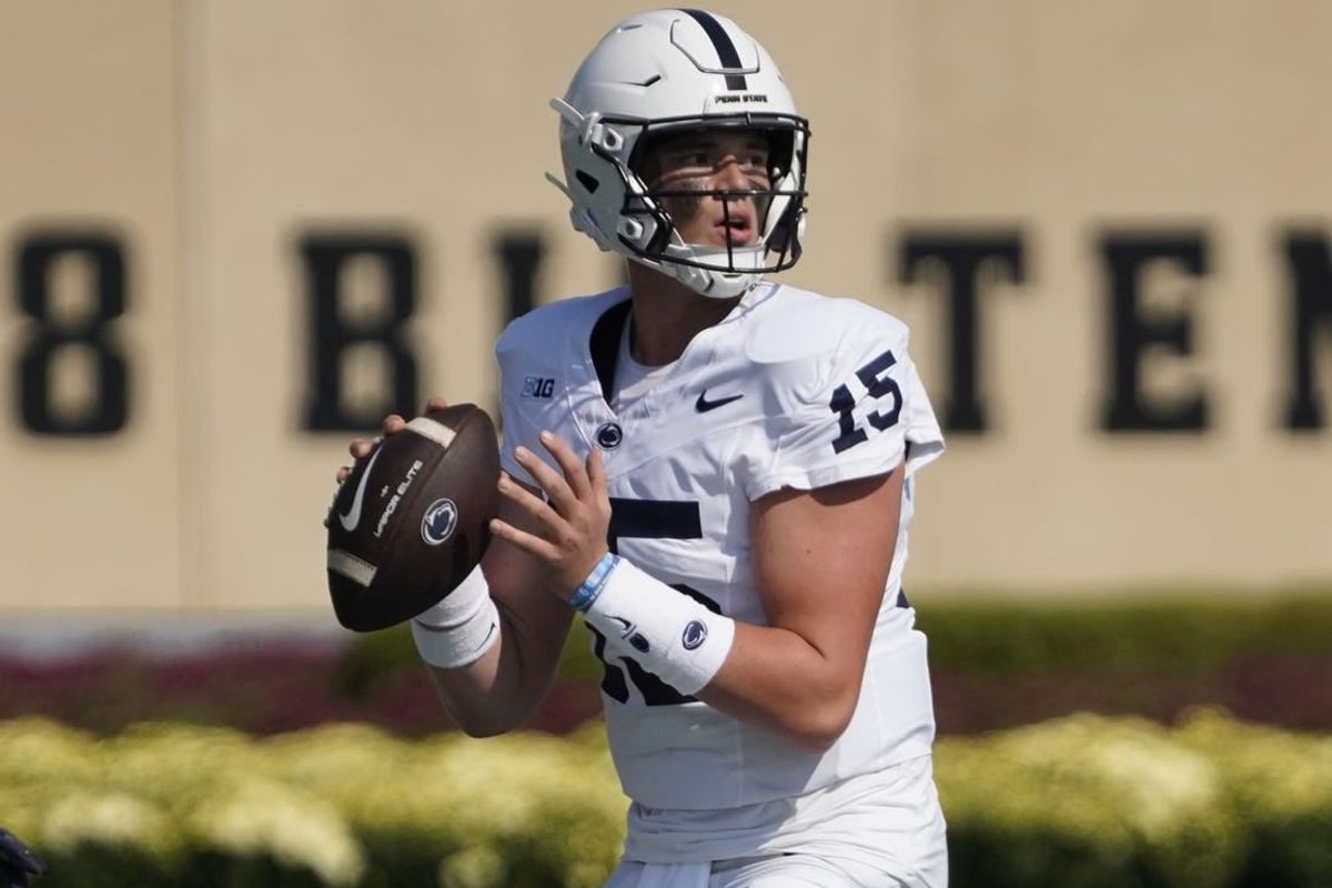 Sep 30, 2023; Evanston, Illinois, USA; Penn State Nittany Lions quarterback Drew Allar (15) passes against the Northwestern Wildcats during the first half at Ryan Field.