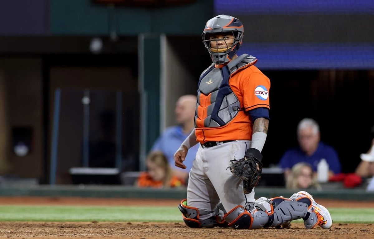 Oct 19, 2023; Arlington, Texas, USA; Houston Astros catcher Martin Maldonado (15) during the eighth inning in game four of the ALCS against the Texas Rangers for the 2023 MLB playoffs at Globe Life Field.