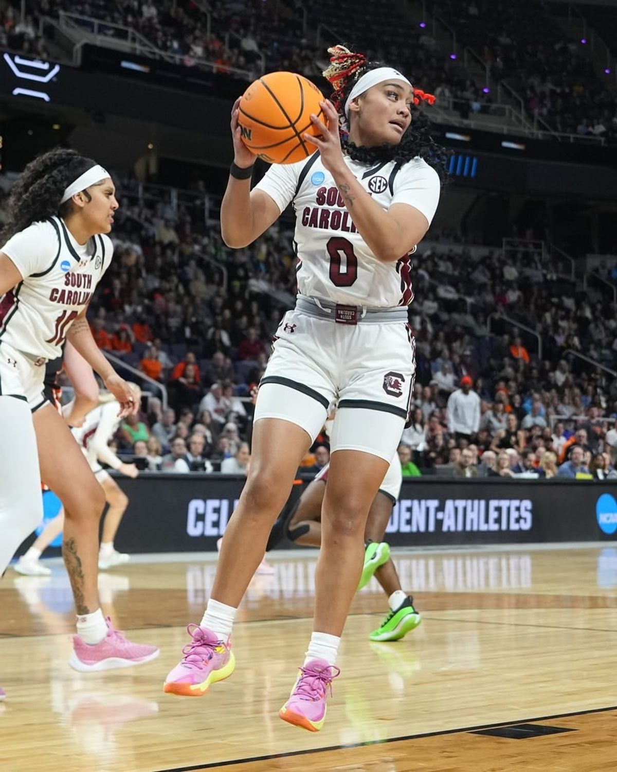 Mar 31, 2024; Albany, NY, USA; South Carolina Gamecocks guard Te-Hina Paopao (0) grabs a rebound against the Oregon State Beavers during the first half in the finals of the Albany Regional of the 2024 NCAA Tournament at MVP Arena.