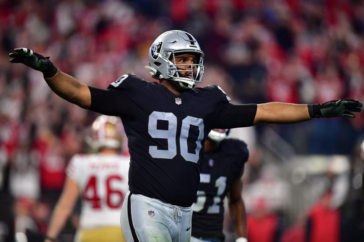 January 1, 2023; Paradise, Nevada, USA; Las Vegas Raiders defensive tackle Jerry Tillery (90) reacts after San Francisco 49ers place kicker Robbie Gould (9) misses a field goal during the second half at Allegiant Stadium.