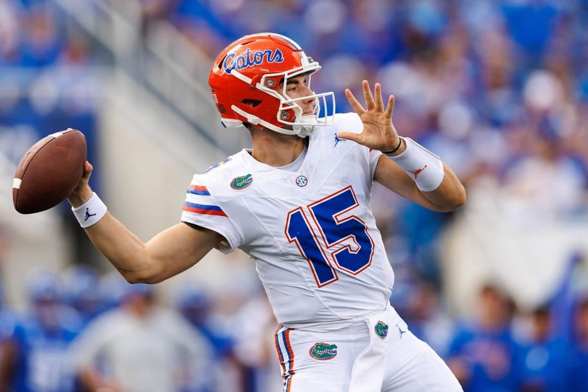 Sep 30, 2023; Lexington, Kentucky, USA; Florida Gators quarterback Graham Mertz (15) throws a pass during the first quarter against the Kentucky Wildcats at Kroger Field.