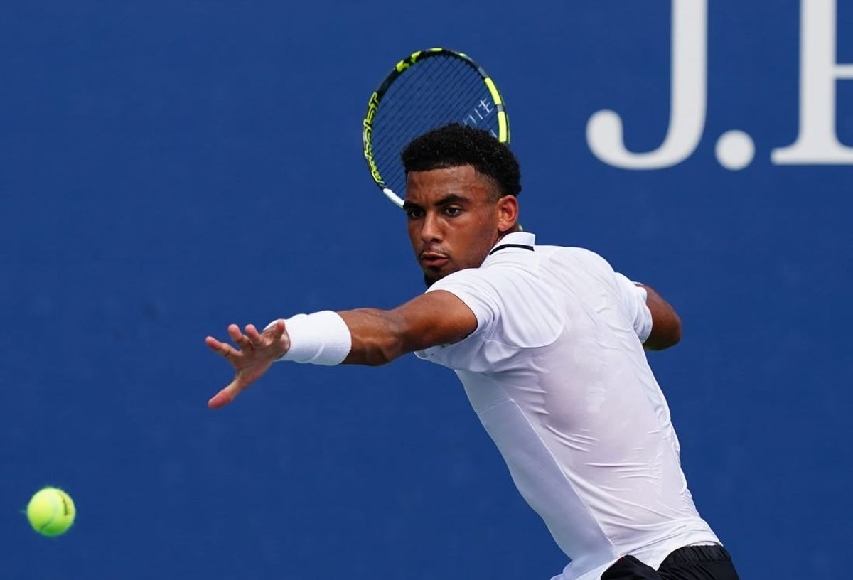 Aug 29, 2023; Flushing, NY, USA;  Arthur Fils of France hits a shot against Tallon Griekspoor of Netherlands on day two of the 2023 U.S. Open tennis tournament at the USTA Billie Jean King National Tennis Center.