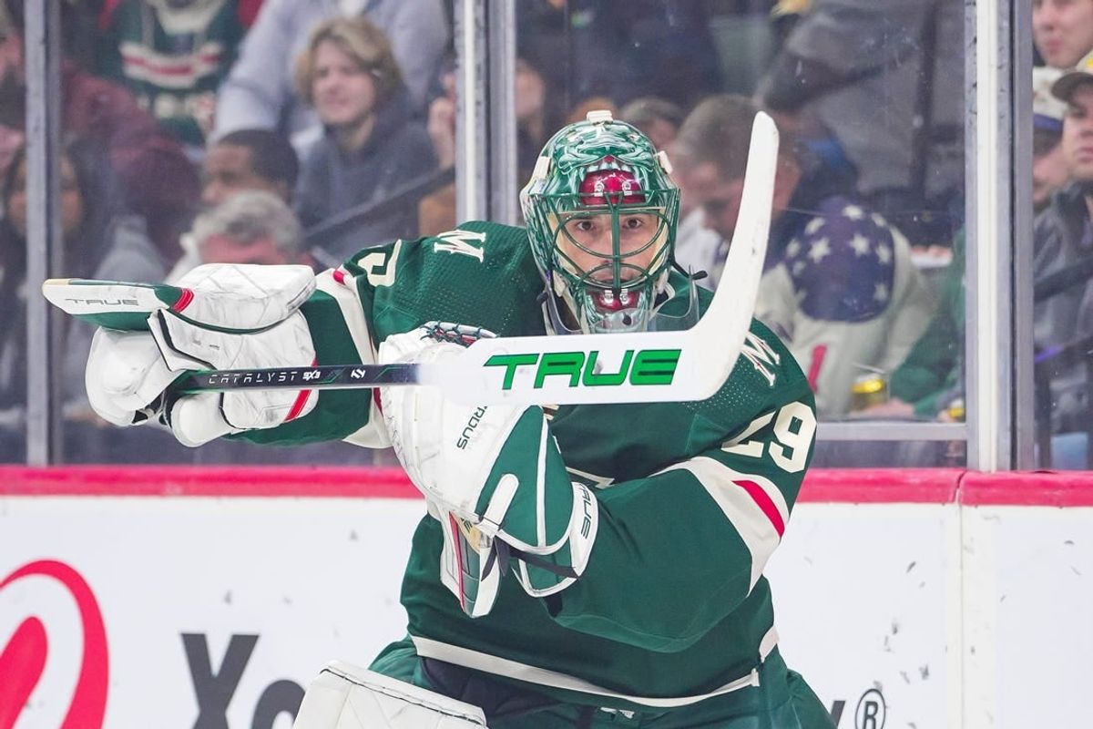 Apr 2, 2024; Saint Paul, Minnesota, USA; Minnesota Wild goaltender Marc-Andre Fleury (29) passes against the Ottawa Senators in the first period at Xcel Energy Center.