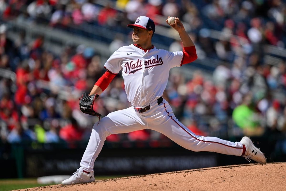 Apr 7, 2024; Washington, District of Columbia, USA; Washington Nationals pitcher MacKenzie Gore (1) throws a pitch during the first inning against the Philadelphia Phillies at Nationals Park.