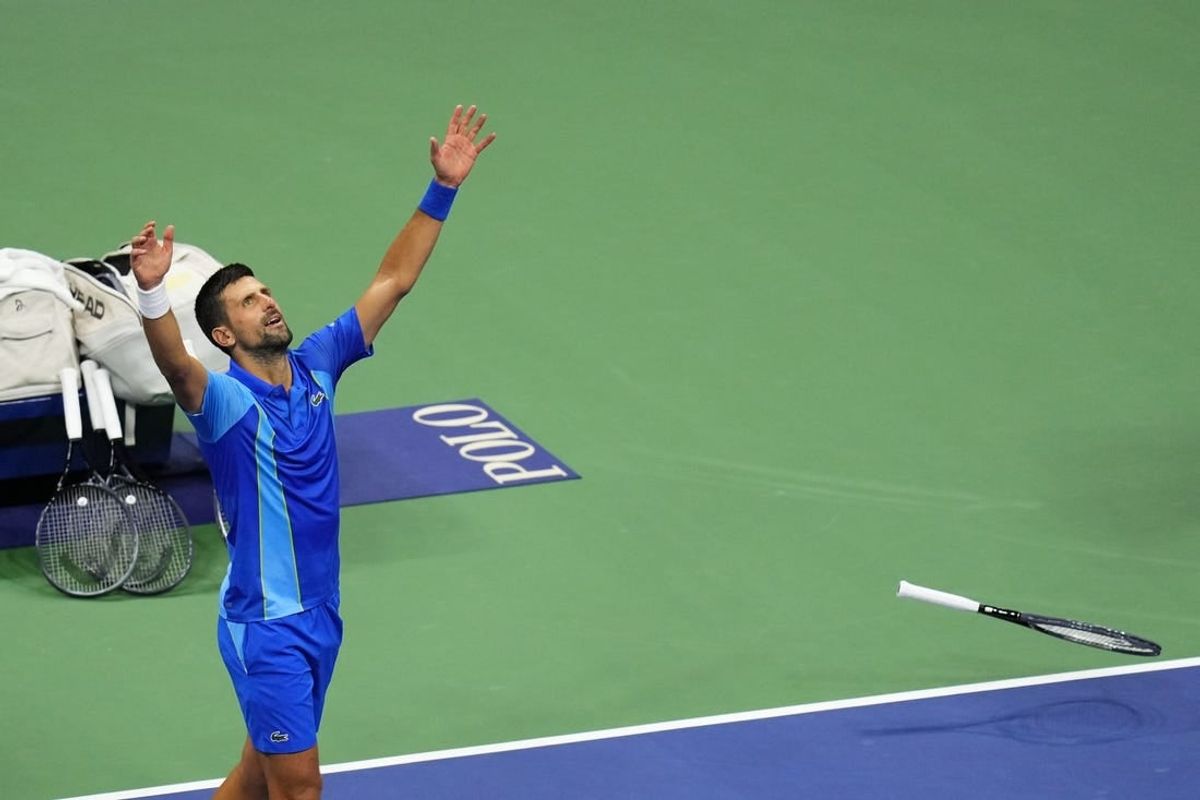 Sep 10, 2023; Flushing, NY, USA; Novak Djokovic of Serbia celebrates after his match against Daniil Medvedev (not pictured) in the men's singles final in the men's singles final in the men's singles final on day fourteen of the 2023 U.S. Open tennis tournament at USTA Billie Jean King National Tennis Center.