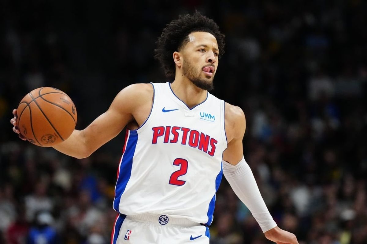 Jan 7, 2024; Denver, Colorado, USA; Detroit Pistons guard Cade Cunningham (2) controls the ball during the first quarter against the Denver Nuggets at Ball Arena.