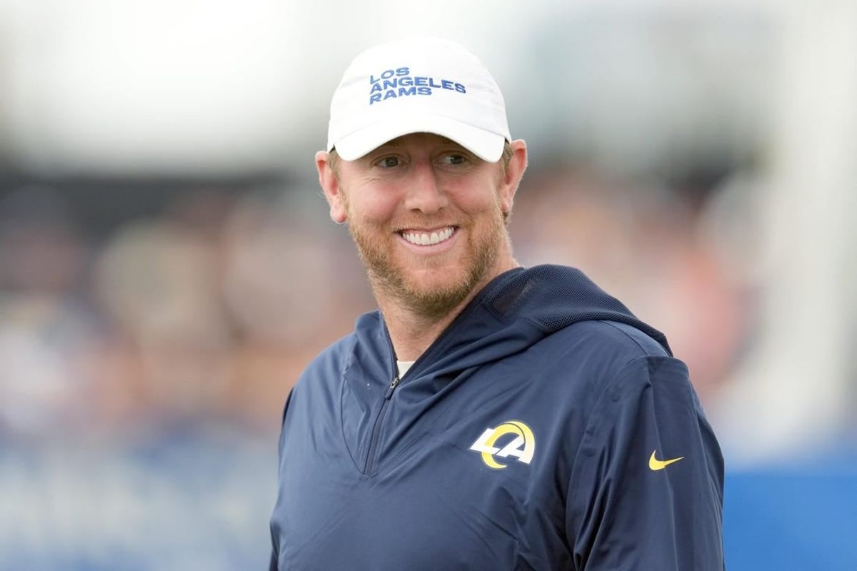 Jul 31, 2022; Irvine, CA, USA; Los Angeles Rams offensive coordinator Liam Coen during training camp at UC Irvine.