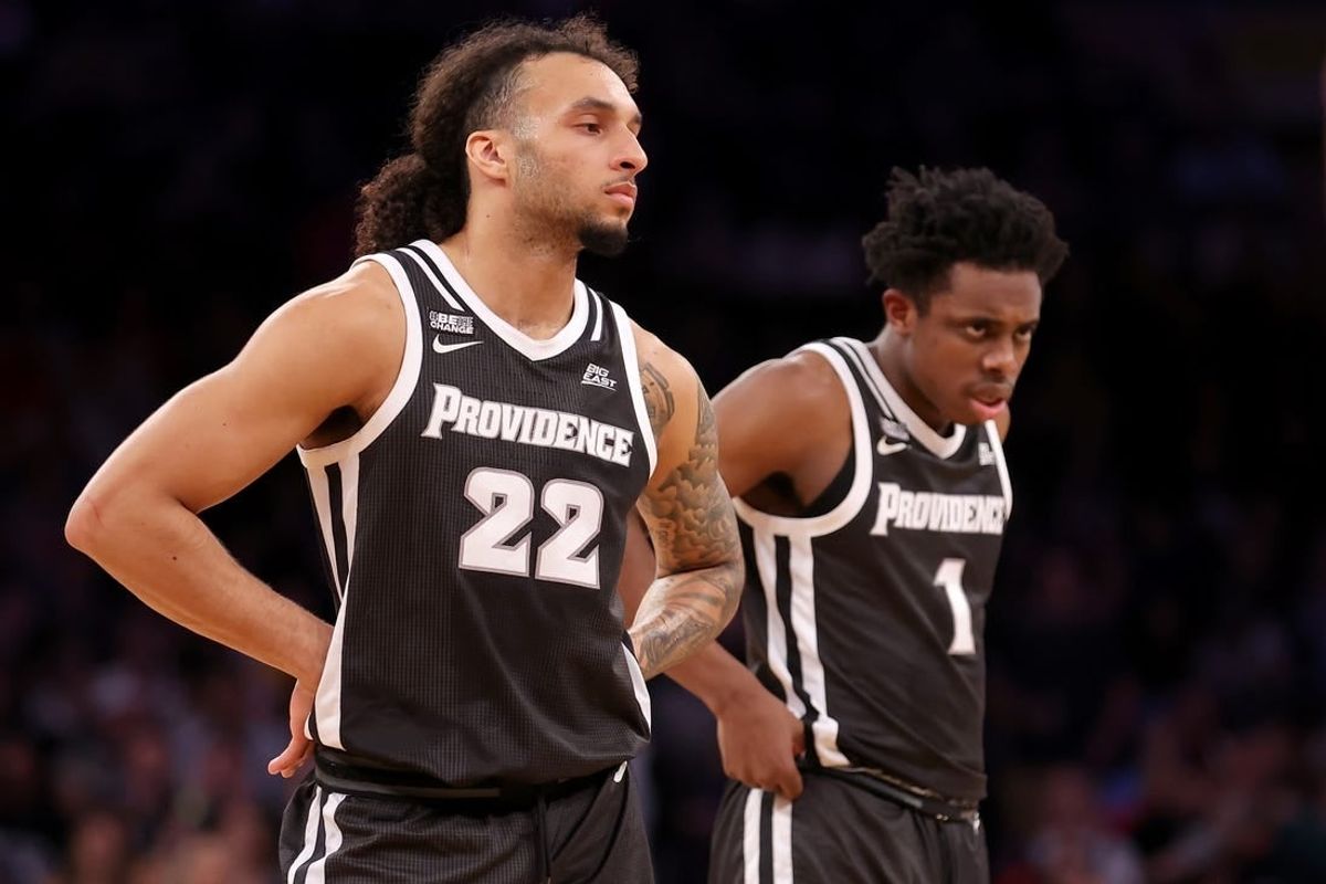 Mar 15, 2024; New York City, NY, USA; Providence Friars guards Devin Carter (22) and Jayden Pierre (1) react during the first half against the Marquette Golden Eagles at Madison Square Garden.