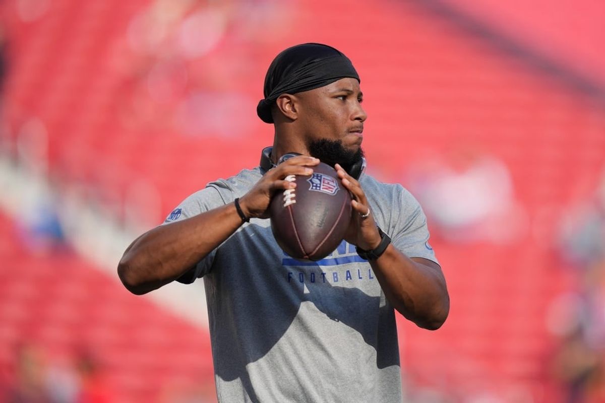 September 21, 2023; Santa Clara, California, USA; New York Giants running back Saquon Barkley (26) before the game against the San Francisco 49ers at Levi's Stadium.