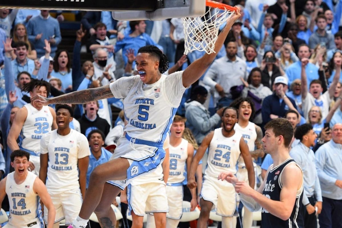 Feb 3, 2024; Chapel Hill, North Carolina, USA; North Carolina Tar Heels forward Armando Bacot (5) scores in the second half at Dean E. Smith Center.