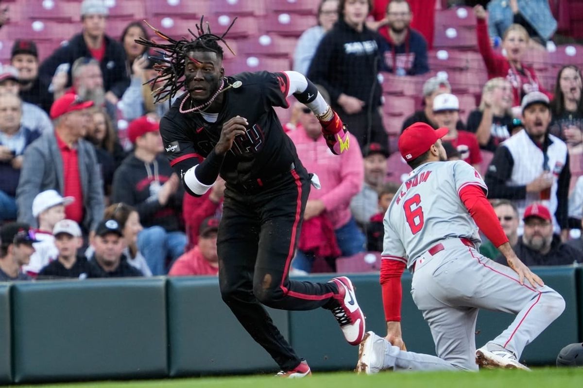 Reds Elly De La Cruz (44) runs home during the Cincinnati Reds vs. L.A. Angels game on Friday April 19, 2024 at Great American Ball Park. Reds won the game with a final score of 7-1.