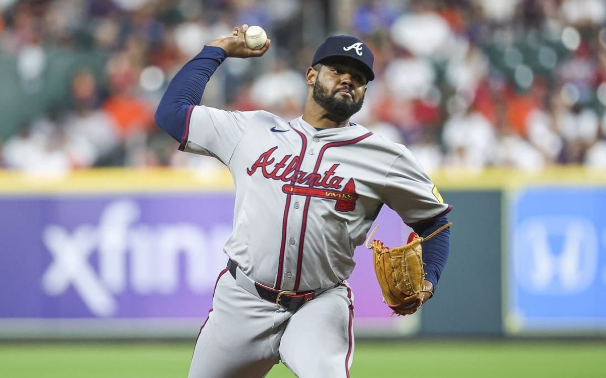 Apr 16, 2024; Houston, Texas, USA; Atlanta Braves starting pitcher Reynaldo Lopez (40) delivers a pitch during the second inning against the Houston Astros at Minute Maid Park.
