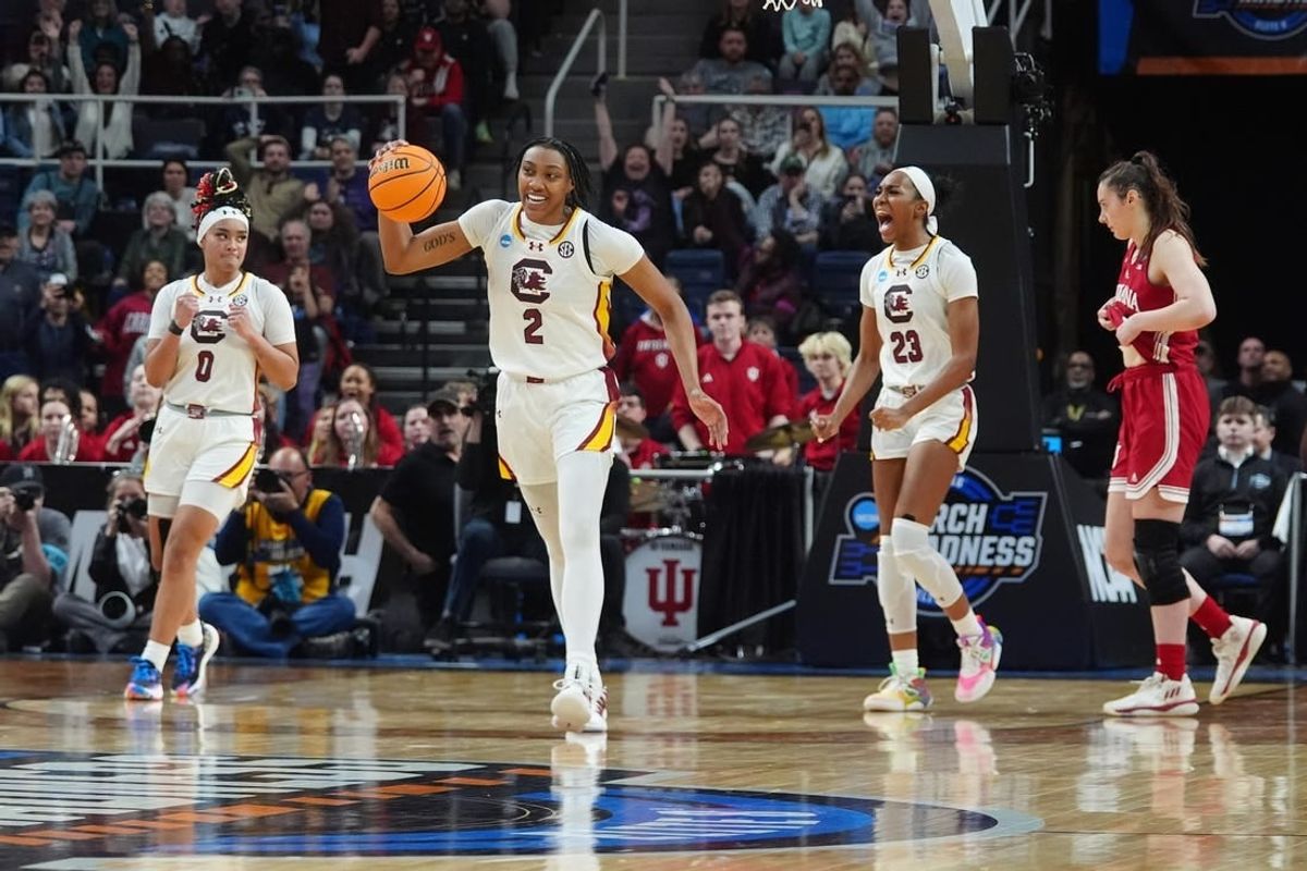 Mar 29, 2024; Albany, NY, USA; South Carolina Gamecocks forward Ashlyn Watkins (2) celebrates the victory over the Indiana Hoosiers in the semifinals of the Albany Regional of the 2024 NCAA Tournament at the MVP Arena.