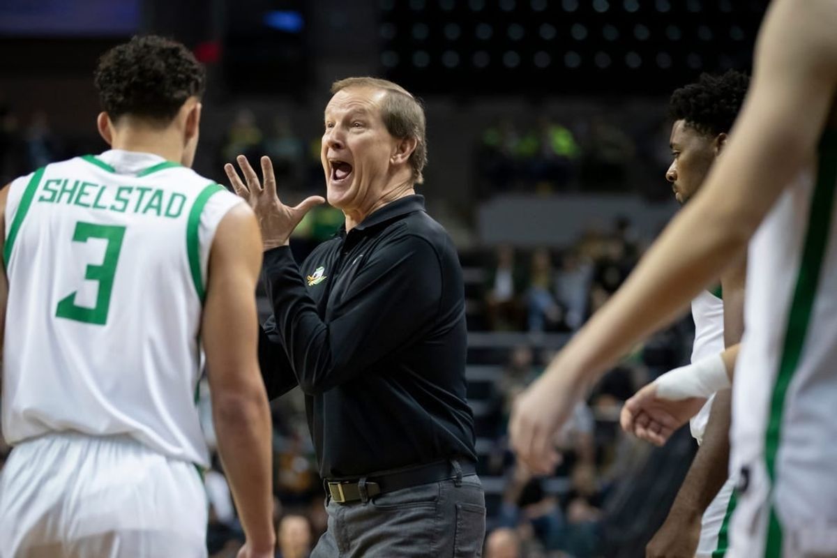 Oregon head coach Dana Altman addresses his team during the first half as the Oregon Ducks host UTEP Saturday, Dec. 9, 2023, at Matthew Knight Arena in Eugene, Ore.