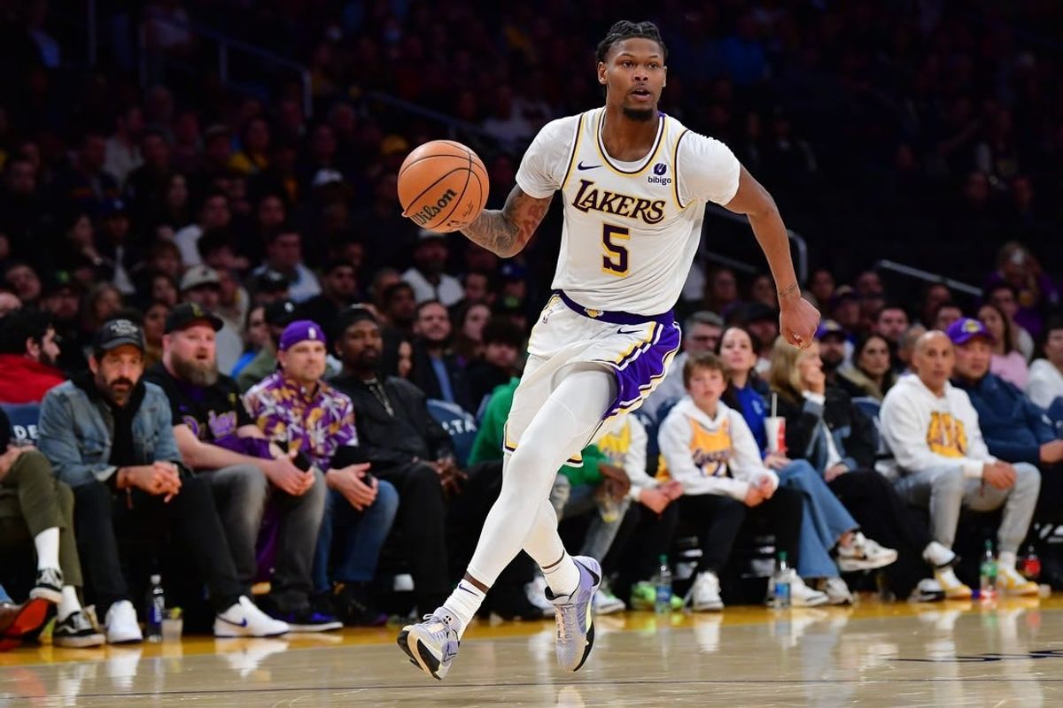 Jan 21, 2024; Los Angeles, California, USA; Los Angeles Lakers forward Cam Reddish (5) moves to the basket against the Portland Trail Blazers during the second half at Crypto.com Arena.