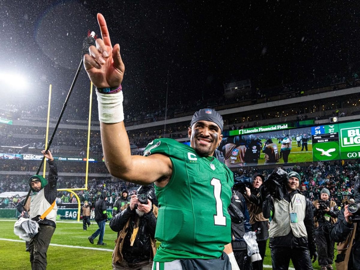 Nov 26, 2023; Philadelphia, Pennsylvania, USA; Philadelphia Eagles quarterback Jalen Hurts (1) reacts after a victory against the Buffalo Bills at Lincoln Financial Field.