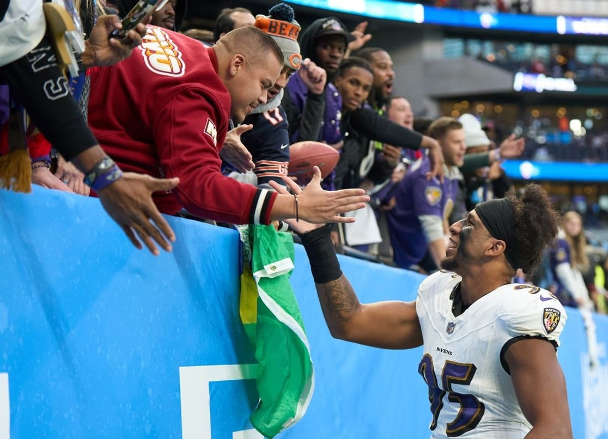 Oct 15, 2023; London, United Kingdom; Baltimore Ravens linebacker Tavius Robinson (95) after an NFL International Series game at Tottenham Hotspur Stadium.