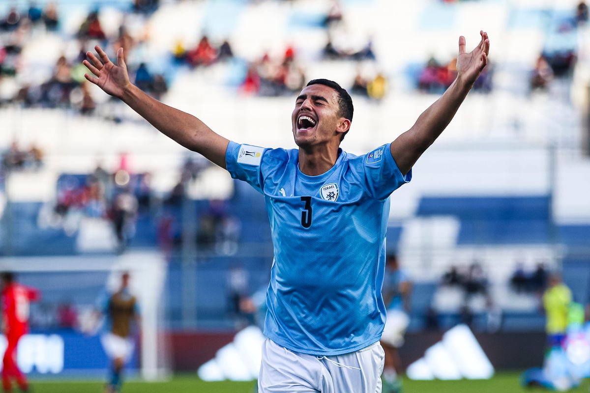 Or Israelov of Israel celebrates with his teammates after beating Brazil during a FIFA U-20 World Cup Argentina 2023 Quarter Finals match between Israel and Brazil at Estadio San Juan in San Juan, Argentina.