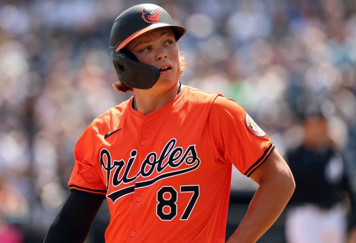 Mar 11, 2024; Tampa, Florida, USA;  Baltimore Orioles shortstop Jackson Holliday (87) looks on first inning against the New York Yankees at George M. Steinbrenner Field.