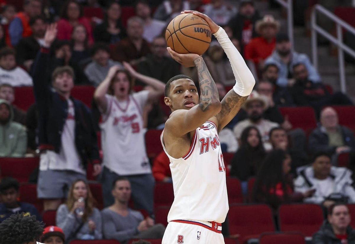 Jan 6, 2024; Houston, Texas, USA; Houston Rockets forward Jabari Smith Jr. (10) shoots the ball during the fourth quarter against the Milwaukee Bucks at Toyota Center.