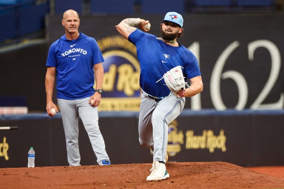 Mar 31, 2024; St. Petersburg, Florida, USA;  Toronto Blue Jays pitcher Alek Manoah (6) throws a bullpen session before a game against the Tampa Bay Rays at Tropicana Field.