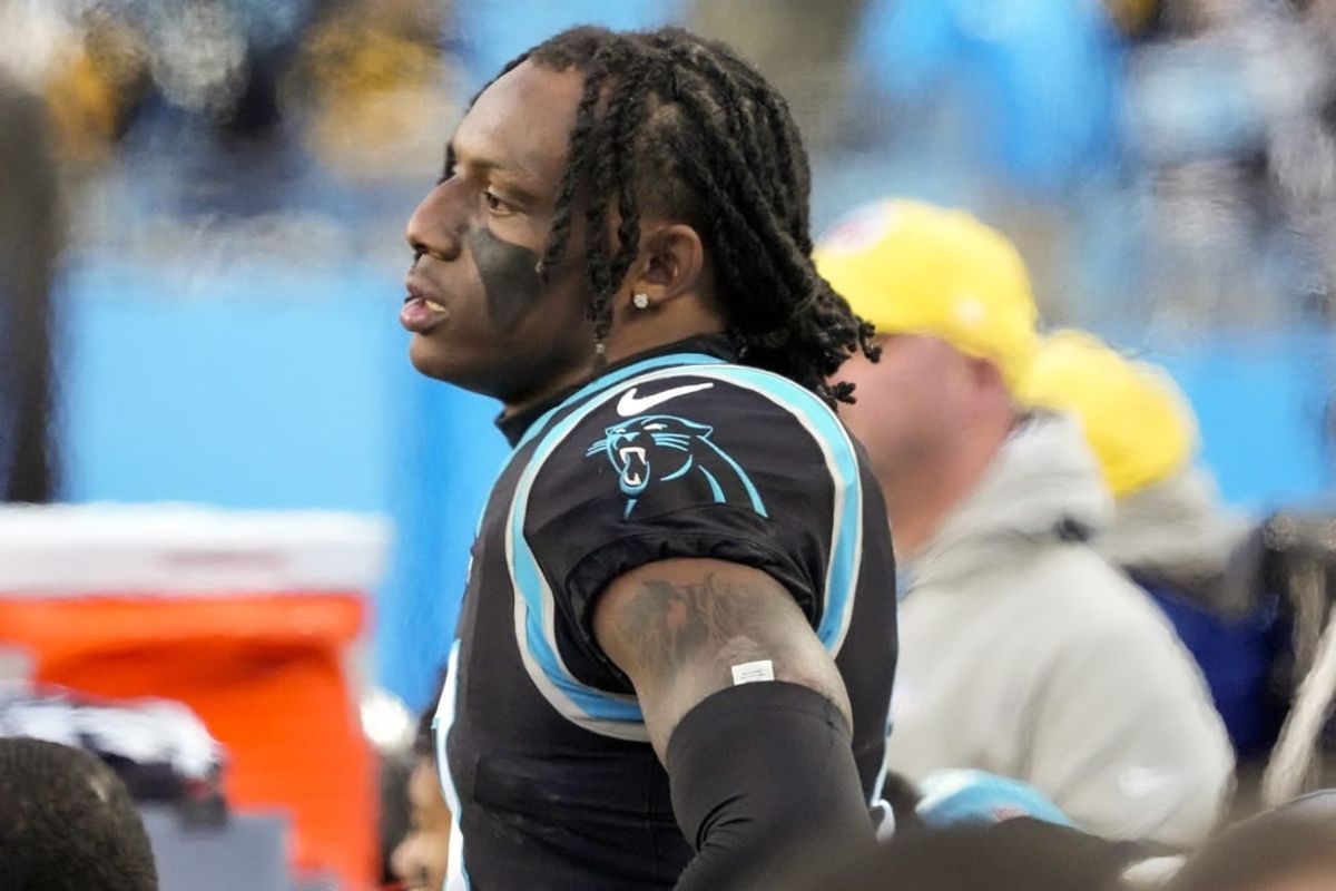 Dec 18, 2022; Charlotte, North Carolina, USA;  Carolina Panthers cornerback Jaycee Horn (8) watches the offense in the final seconds during the second half against the Pittsburgh Steelers at Bank of America Stadium.