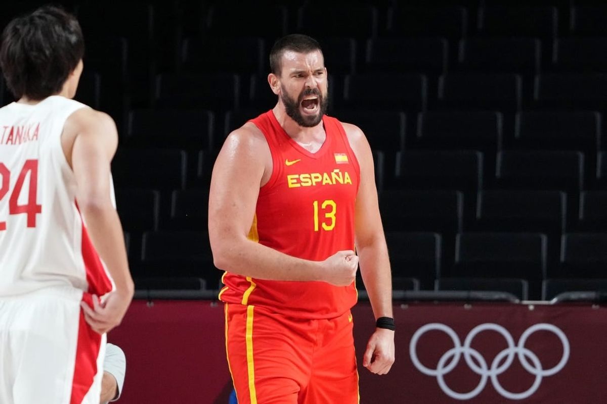 Jul 26, 2021; Saitama, Japan; Team Spain centre Marc Gasol (13) reacts after a play against Japan during the third quarter in men's basketball Group C play during the Tokyo 2020 Olympic Summer Games at Saitama Super Arena.