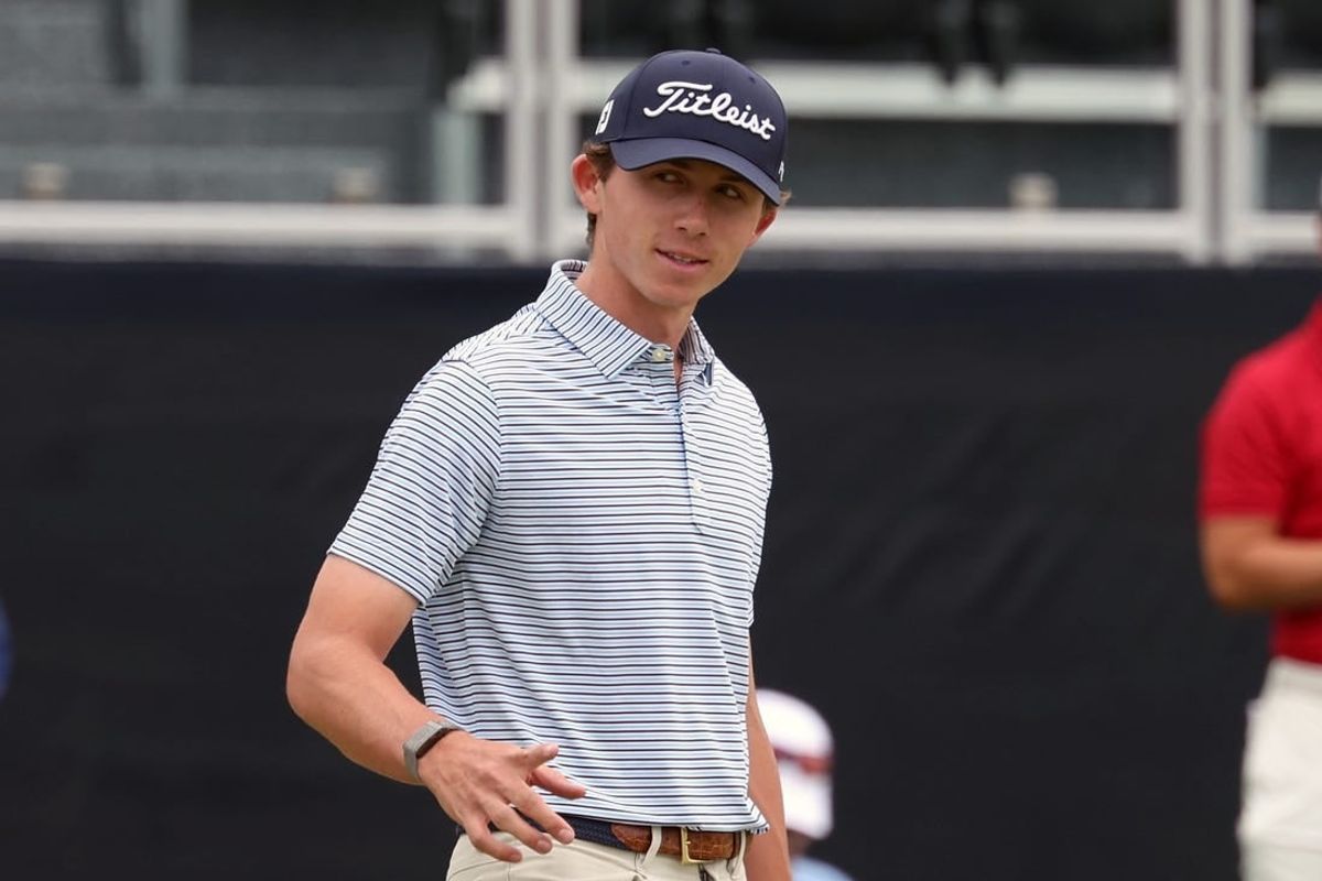 Jun 18, 2023; Los Angeles, California, USA; Gordon Sargent reacts after making a birdie putt on the 12th green during the final round of the U.S. Open golf tournament at Los Angeles Country Club.