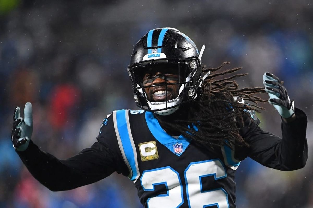 Nov 10, 2022; Charlotte, North Carolina, USA;  Carolina Panthers cornerback Donte Jackson (26) reacts in the fourth quarter at Bank of America Stadium.