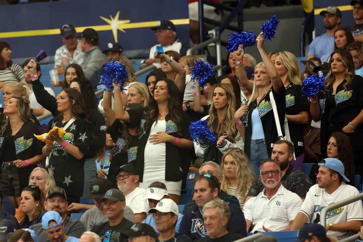 Oct 3, 2023; St. Petersburg, Florida, USA; Wives and girlfriends of Tampa Bay Rays players look on in the eighth inning against the Texas Rangers during game one of the Wildcard series for the 2023 MLB playoffs at Tropicana Field.