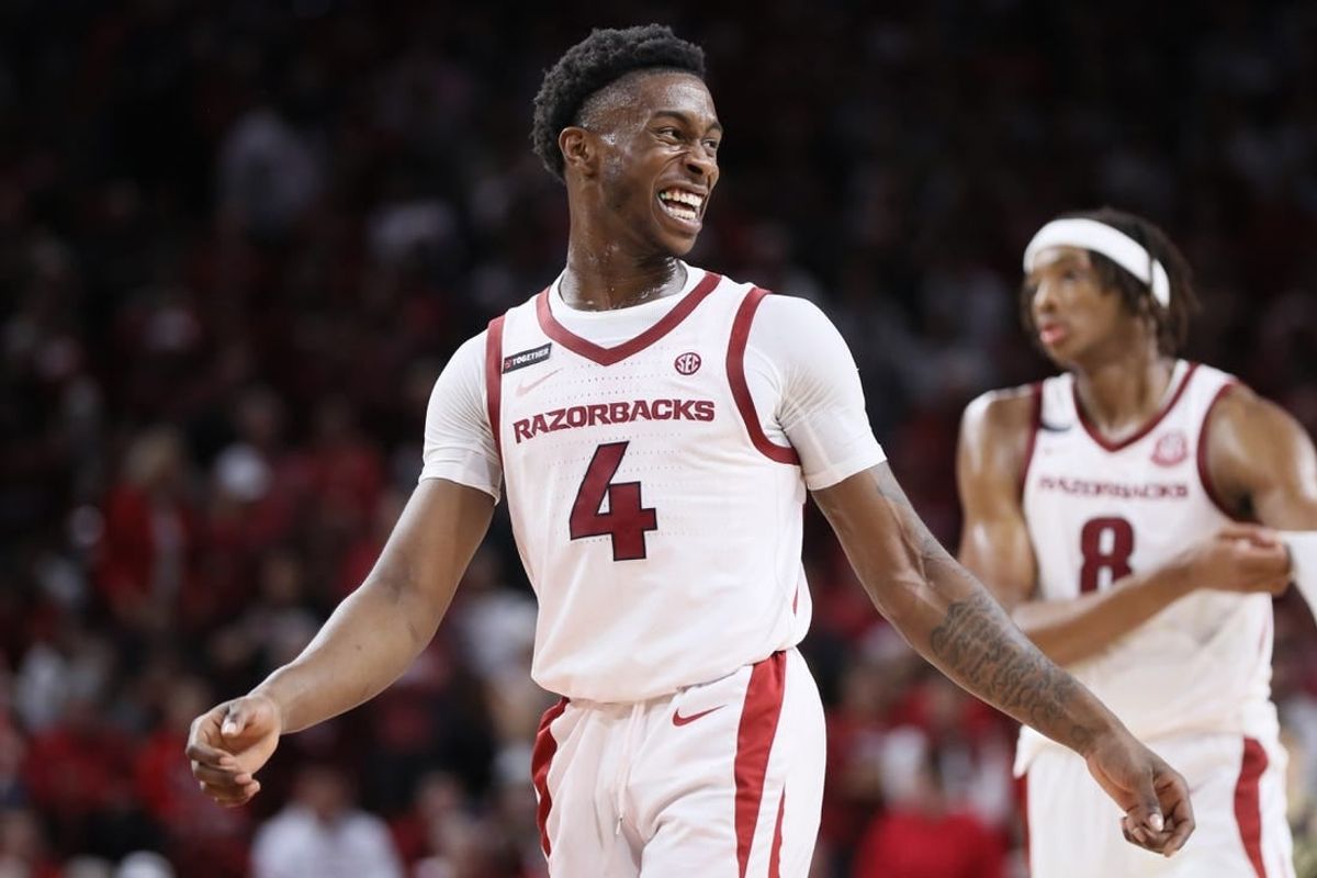 Oct 28, 2023; Fayetteville, AR, USA; Arkansas Razorbacks guard Davonte Davis (4) celebrates during the second half against the Purdue Boilermakers at Bud Walton Arena. Arkansas won 81-77.