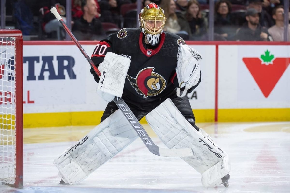 Jan 13, 2024; Ottawa, Ontario, CAN; Ottawa Senators goalie Joonas Korpisalo (70) warms up prior to the start of the second period against the San Jose Sharks at the Canadian Tire Centre.