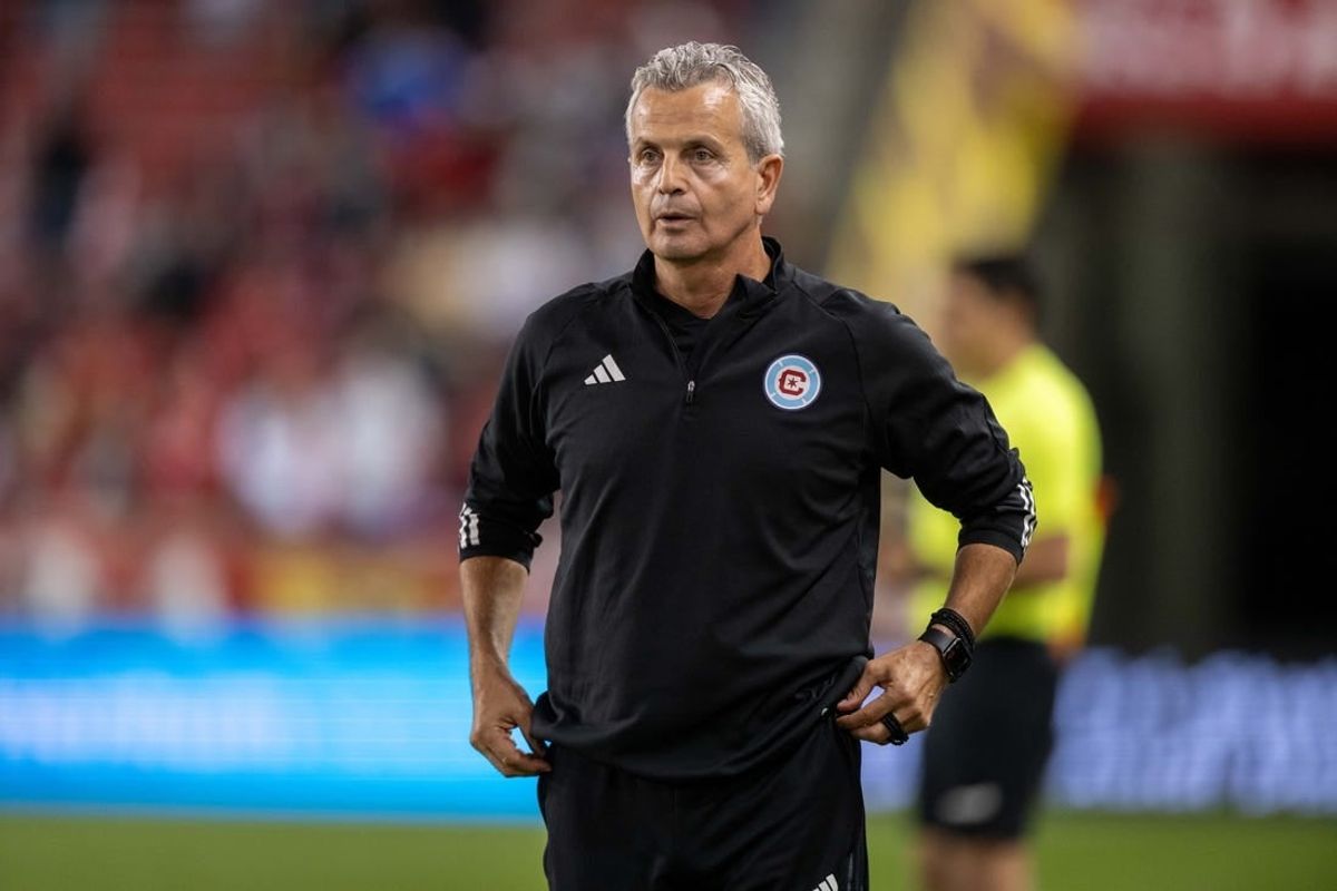 Sep 30, 2023; Harrison, New Jersey, USA; Chicago Fire head coach Frank Klopas looks on during the match against New York Red Bulls at Red Bull Arena.