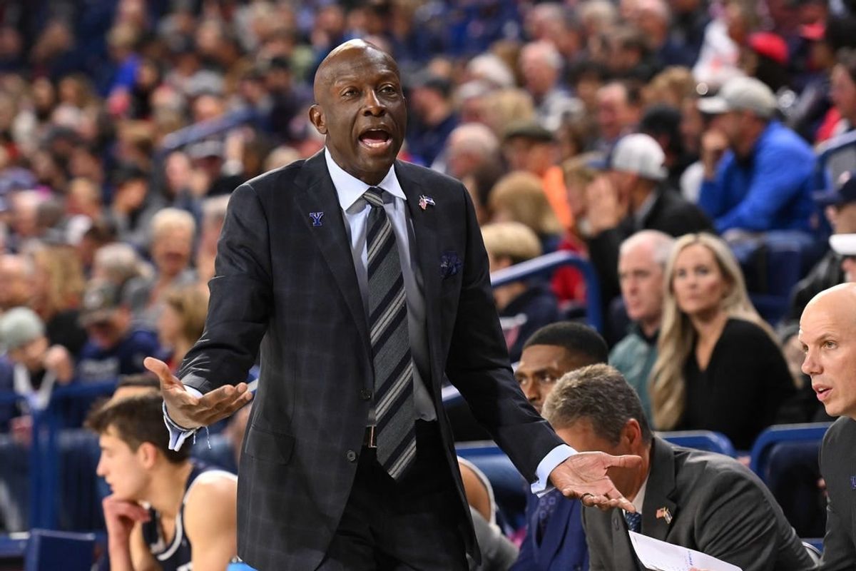 Nov 10, 2023; Spokane, Washington, USA; Yale Bulldogs head coach James Jones reacts after a play against the Gonzaga Bulldogs in the first half at McCarthey Athletic Center.