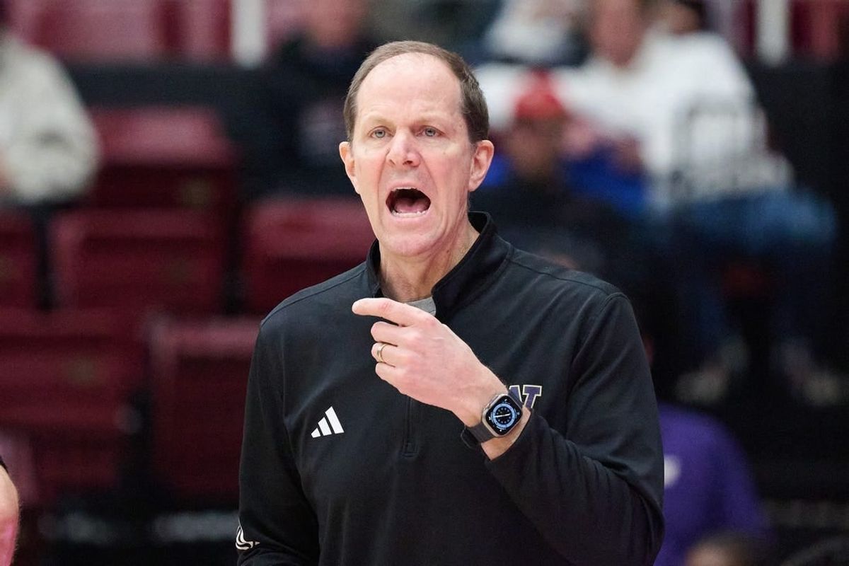 Jan 20, 2024; Stanford, California, USA; Washington Huskies head coach Mike Hopkins reacts during the game against the Stanford Cardinal during the second half at Maples Pavilion.