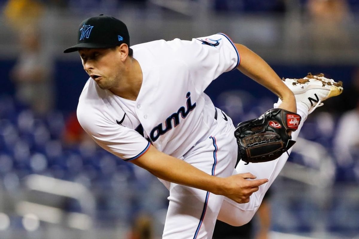 Jun 24, 2021; Miami, Florida, USA; Miami Marlins starting pitcher Cody Poteet (72) delivers a pitch during the first inning against the Miami Marlins at loanDepot Park.