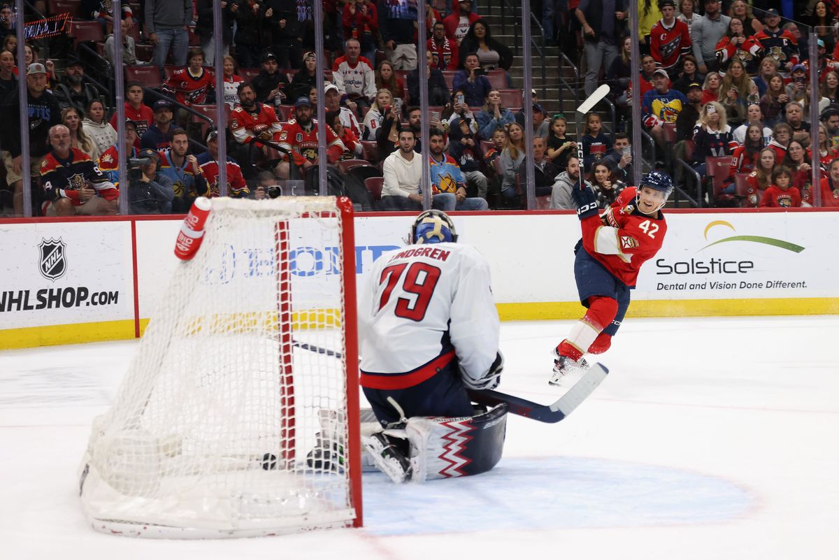 SUNRISE, FLORIDA - FEBRUARY 24: Gustav Forsling #42 of the Florida Panthers scores the game-winning goal in overtime against Charlie Lindgren #79 of the Washington Capitals at Amerant Bank Arena on February 24, 2024 in Sunrise, Florida. The Panthers defeated the Capitals 3-2 in overtime. (Photo by Bruce Bennett/Getty Images)