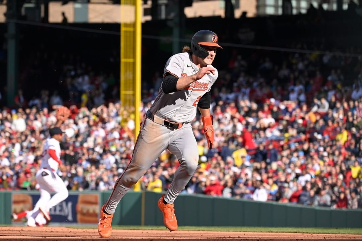 Apr 9, 2024; Boston, Massachusetts, USA; Baltimore Orioles shortstop Gunnar Henderson (2) runs to third base against the Boston Red Sox during the ninth inning at Fenway Park.