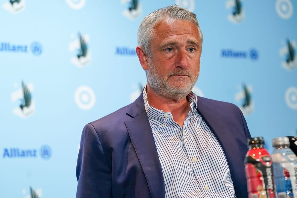 Oct 7, 2023; Saint Paul, Minnesota, USA; Minnesota United interim head coach Sean McAuley hosts the post-match press conference after defeating the Los Angeles Galaxy at Allianz Field.