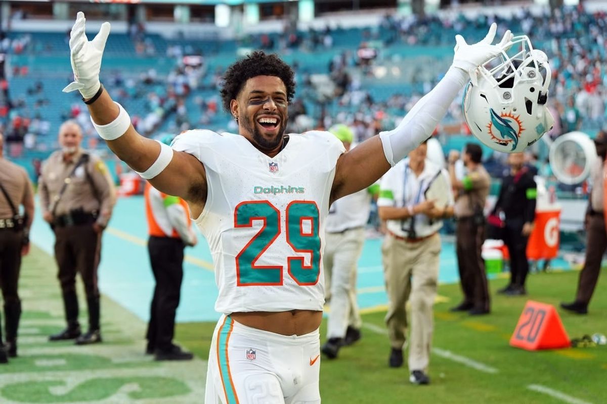 Dec 17, 2023; Miami Gardens, Florida, USA; Miami Dolphins safety Brandon Jones (29) celebrates after defeating the New York Jets at Hard Rock Stadium.