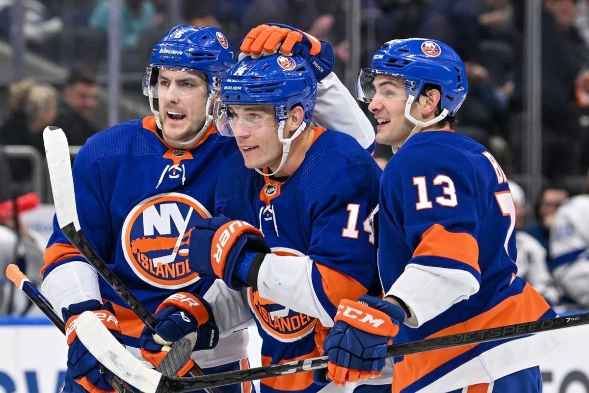 Feb 8, 2024; Elmont, New York, USA; New York Islanders defenseman Ryan Pulock (6) and New York Islanders center Mathew Barzal (13) celebrate the goal by New York Islanders center Bo Horvat (14) against the Tampa Bay Lightning during the second period at UBS Arena.