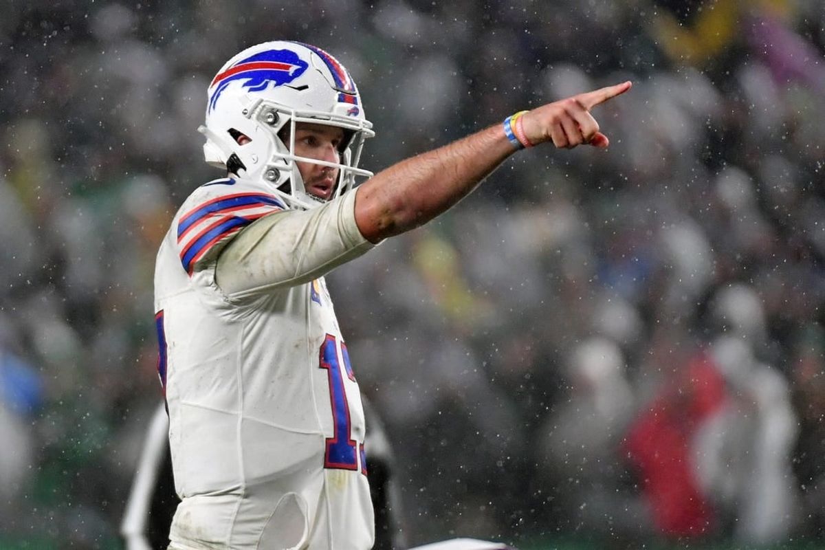 Nov 26, 2023; Philadelphia, Pennsylvania, USA; Buffalo Bills quarterback Josh Allen (17) against the Philadelphia Eagles at Lincoln Financial Field.