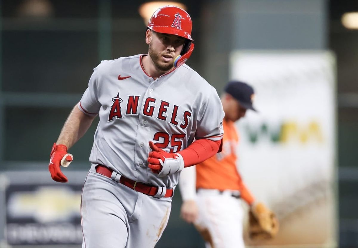 Aug 11, 2023; Houston, Texas, USA; Los Angeles Angels first baseman C.J. Cron (25) rounds the bases after hitting a home run against Houston Astros starting pitcher Justin Verlander (35) (not pictured) in the second inning at Minute Maid Park.